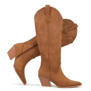 Cowgirl Boots Women Knee High Boots Pointed Toe and Block Heel Cowboy Suede and Faux Leather Western Boots with Embroidered and Side Zipper, Retro Classic Country Boots Pull On for Ladies