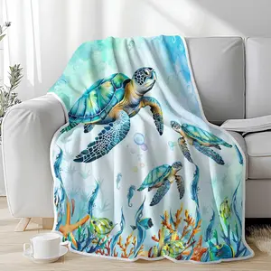 Turtle Blanket Sea Animal Starfish Throw Blanket Kids Blankets Throws Sea Turtle Gifts for Women Boys Girls Aqua Teal Blue Super Soft Cozy Flannel Throw Blanket for Couch Sofa Bed