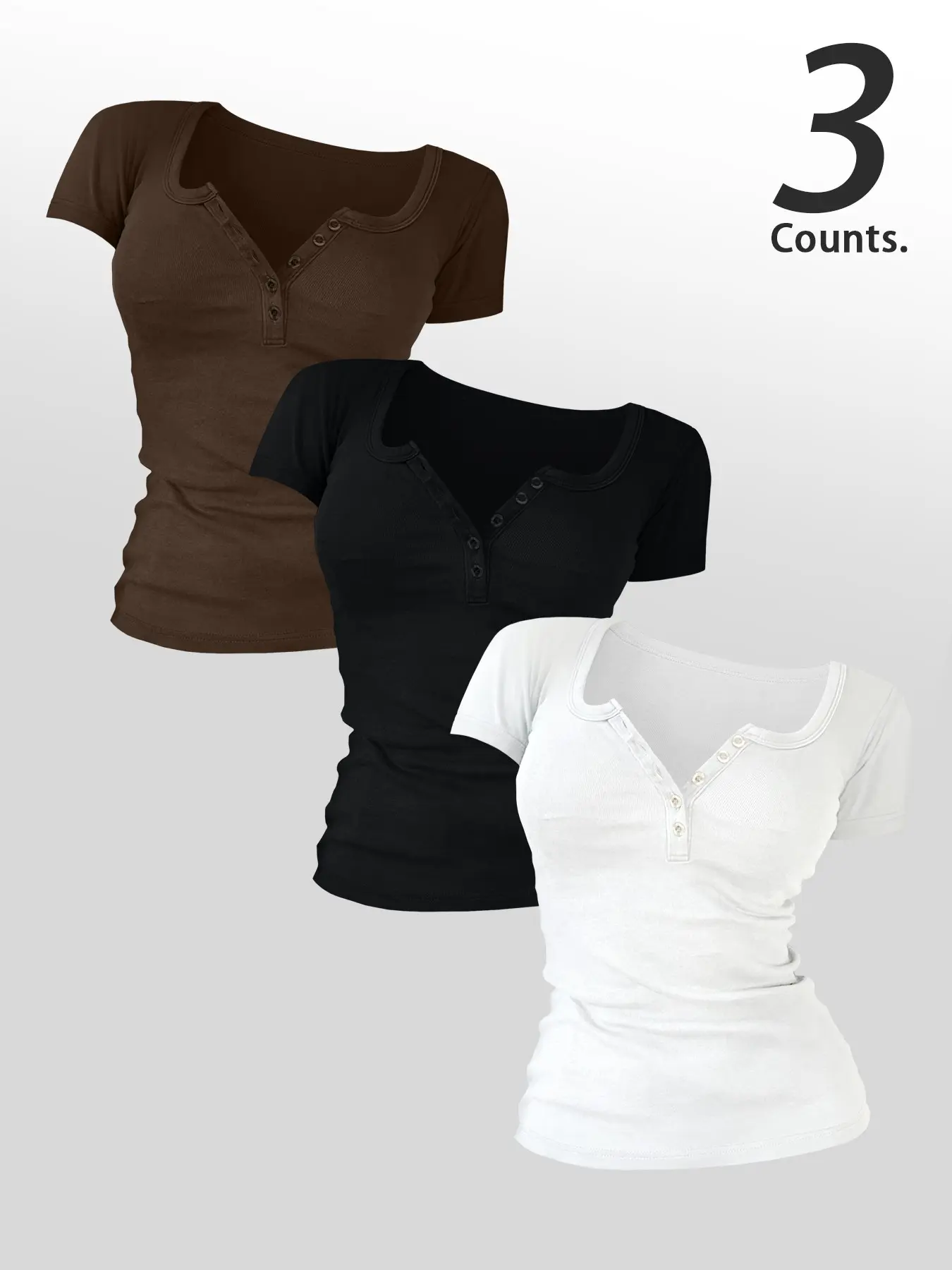 Women's 3-Piece Fashion Short Sleeve Round Neck Solid Color T-Shirt Set, Fitted Casual Basic Tops with Buttons for Spring/Fall Daily Wear, Everyday