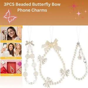 Pearl Phone Strap, 3PCS Beaded Butterfly Bow Phone Charms, Cute Bracelet Wrist Lanyard Chain for Women, White Pearl Phone Chain Accessories