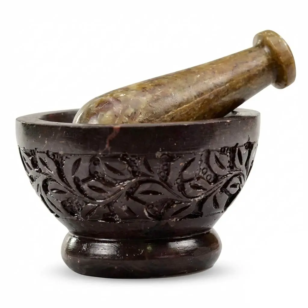 Floral Carved Soapstone Mortar and Pestle Set — Hand-Carved Herb Grinding Bowl