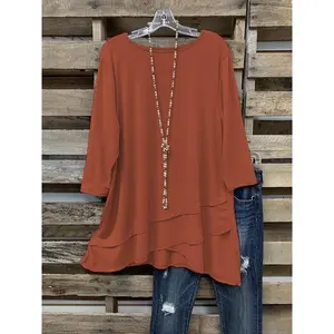 Women's plus size asymmetrical round neck T-shirt, fashionable solid color 3/4 sleeve top, casual loose summer outfitRAIMENTRY