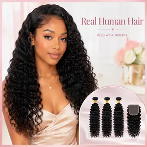 7A Brazilian Virgin Deep Wave Human Hair Bundles 3 Pack / 3 Bundles with 4×4 Lace Closure Natural Black 12–30 Inch 100% Remy Raw Human Hair Double Weft Soft Full Thick No Shedding No Tangle Heat Styling Hair Extensions