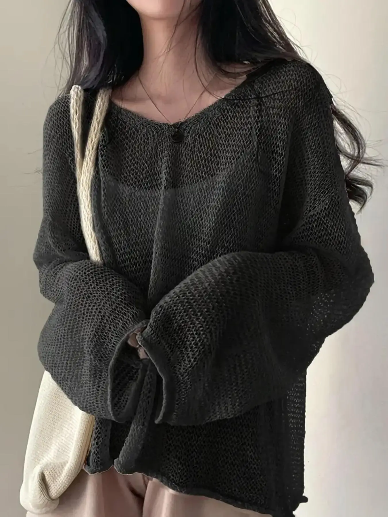 Women's Solid Hollow Out Drop Shoulder Sweater, Boho Casual Long Sleeve Round Neck Jumper for Spring & Fall, Fashion Ladies' Knitwear for Daily Wear