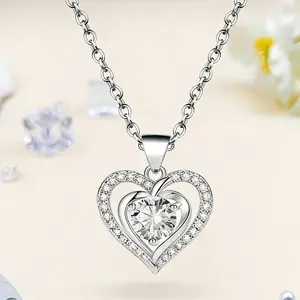 16-17" Ocean Heart Necklace Minimalist Jewelry Ideal Gift for Wife/Girlfriend –925 Sterling Silver Double Heart Pendant with 1ct Cubic Zirconia