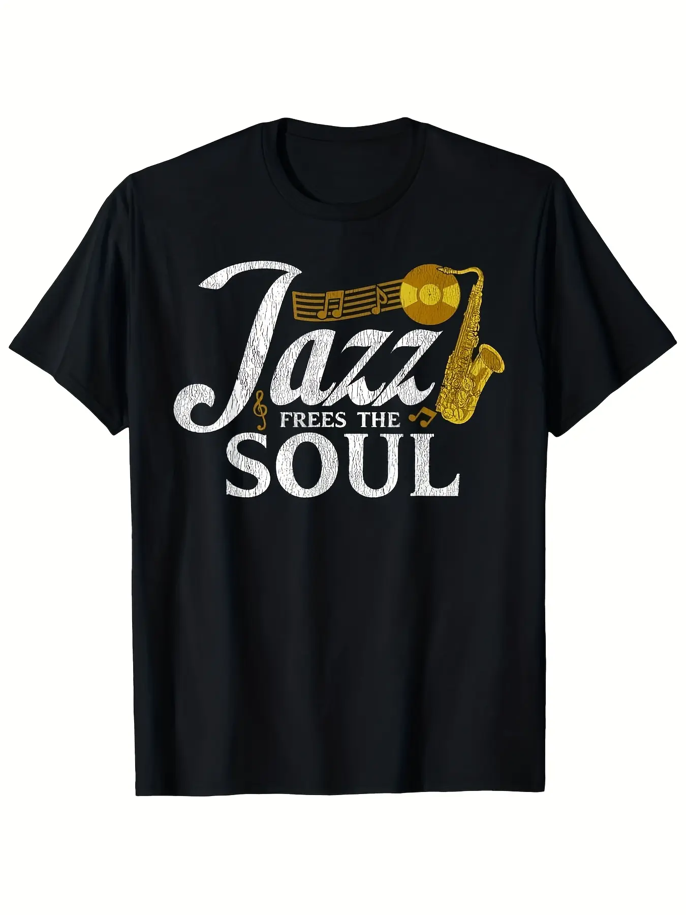 Men's Vintage Jazz T-Shirt with Saxophone & "Jazz Frees The Soul" Golden Lettering - Retro Music Tee Suitable for Musicians Casual Wear All-Season Round Neck Short Sleeve Shirt for Jazz Fans Gift