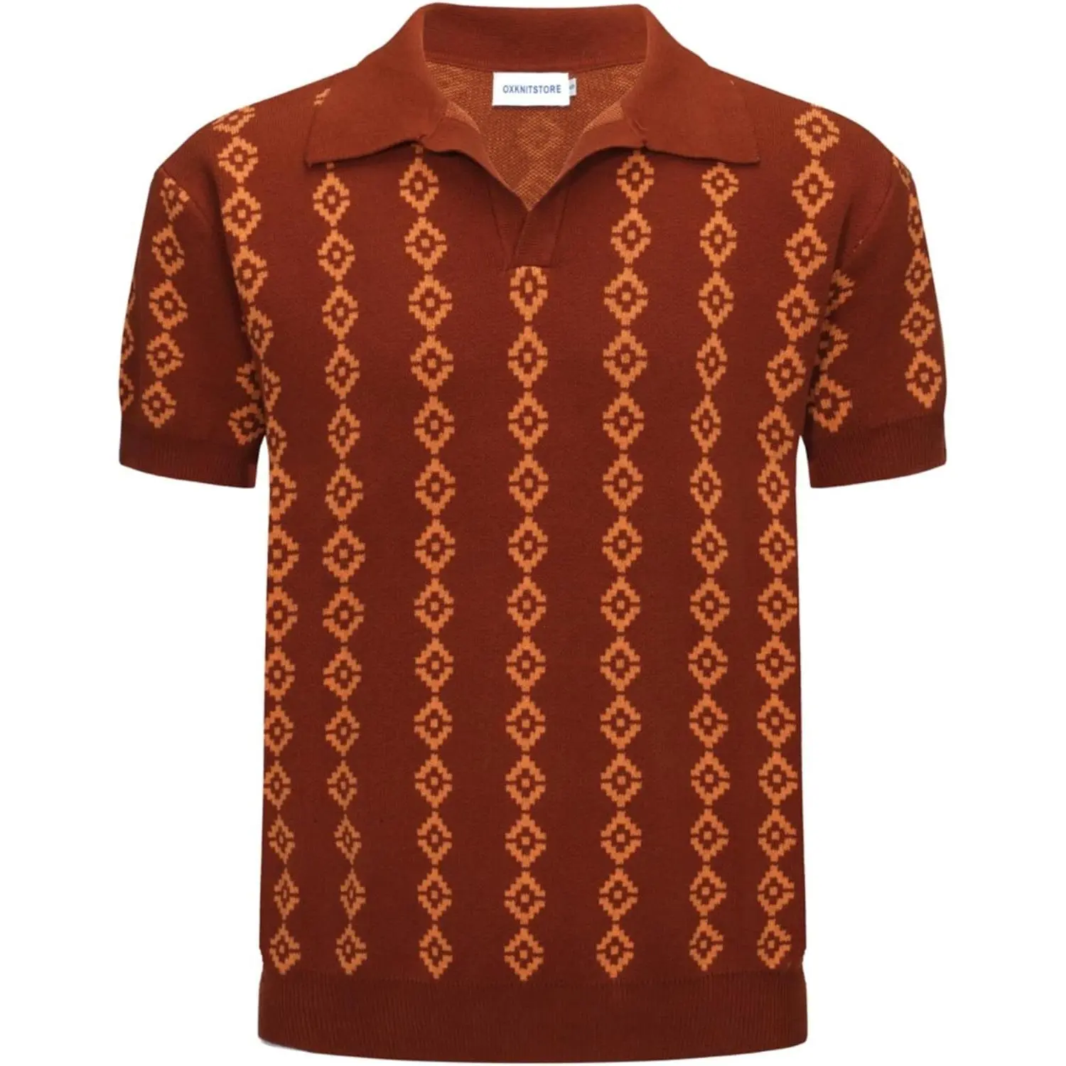 OXKNIT Men's Dark Brown Knit Polo Shirt 1960s Mod Style Vintage Shirts V-Neck Golf Polo T Shirts