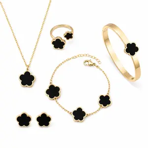 Hot-Selling 5-Piece Five-Petal Flower Jewelry Set: Necklace, Bracelet, Bangle, Earrings & Ring, Elegant Daily Wear