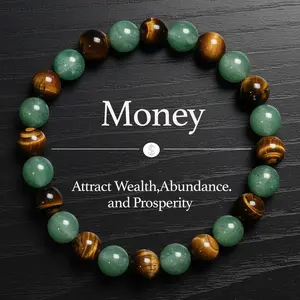 Money Attraction Bracelet with Green Strawberry Quartz & Tiger Eye – Blue Friendship Bracelet, Beaded Jewelry Protection Bracelet, Encouragement Gift, Fashion Artificial Bracelet of the Day, Colorblock Beaded Crystal Bracelet