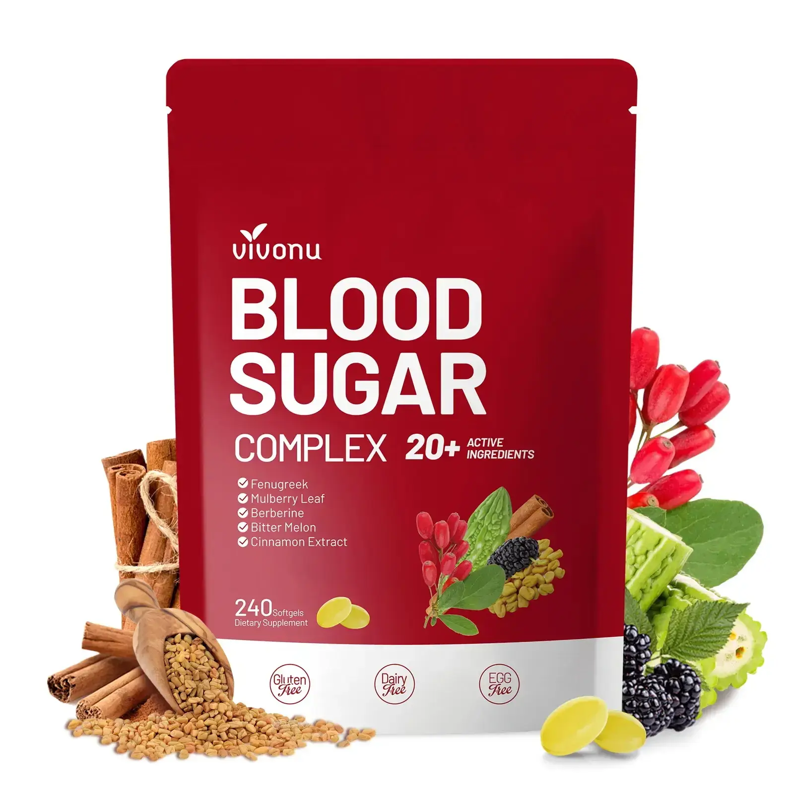 VIVONU BLOOD SUGAR COMPLEX –Blood Sugar Balance | Antioxidant Support | Metabolic Support | Enhanced Absorption | Bitter Melon + Turmeric + Cinnamon + Mulberry Leaf + Berberine + Fenugreek | 240 Capsules per Bag