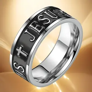 Women's Christian Fashion Titanium Steel Ring - Black Engraved Jesus Cross, Corrosion-Resistant & Non-Tarnish - All Season Statement Jewelry | Durable Titanium Steel | Elegant Religious Design