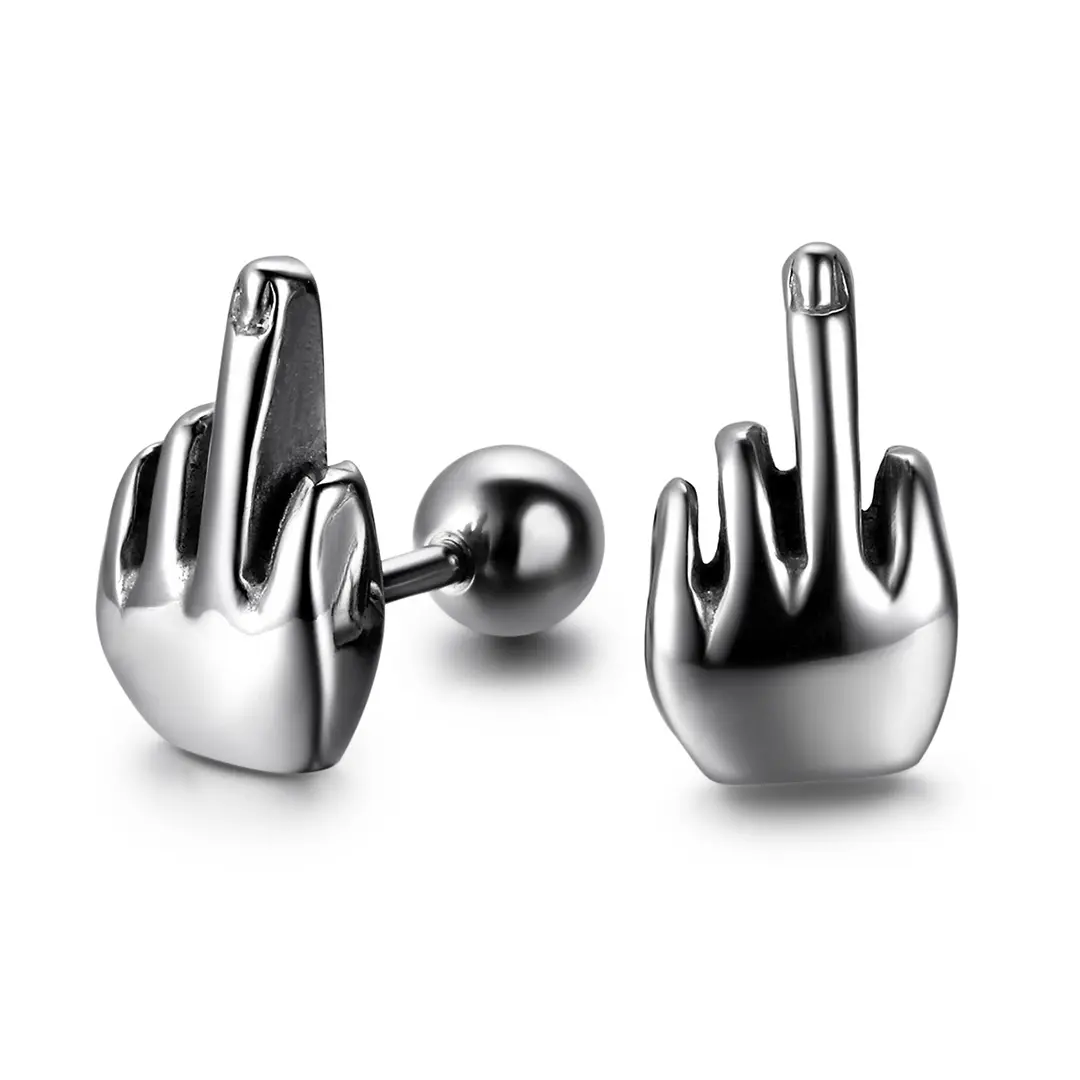 OIDEA Men's Punk Stainless Steel Rebellious Hand Gesture Stud Earrings - 1.3x0.8cm, Screw-Back Closure, Gesture Styling Fashion Jewelry for Streetwear Outfits & Music Enthusiasts, Rebellious Hand Gesture Design