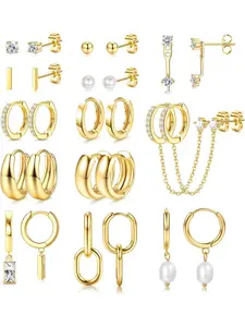 13 Pairs Small Stud Hoop Earrings Set for Women Hypoallergenic Gold Plated Huggie Hoops Pearl Dainty Lightweight Earrings for Gift