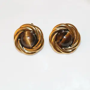 Terra Earrings - Gold Tone Swirl Design with Tiger's Eye Centerpiece for Elegant Style