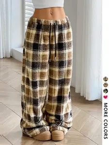 Women's Plush Plaid Wide-Leg Pants - Cozy Loungewear & Winter Casual Wear, Soft Fuzzy Fabric, Elastic Waist with Drawstring, Single Piece - Plaid/Leopard/Camo/Pink Pattern Options