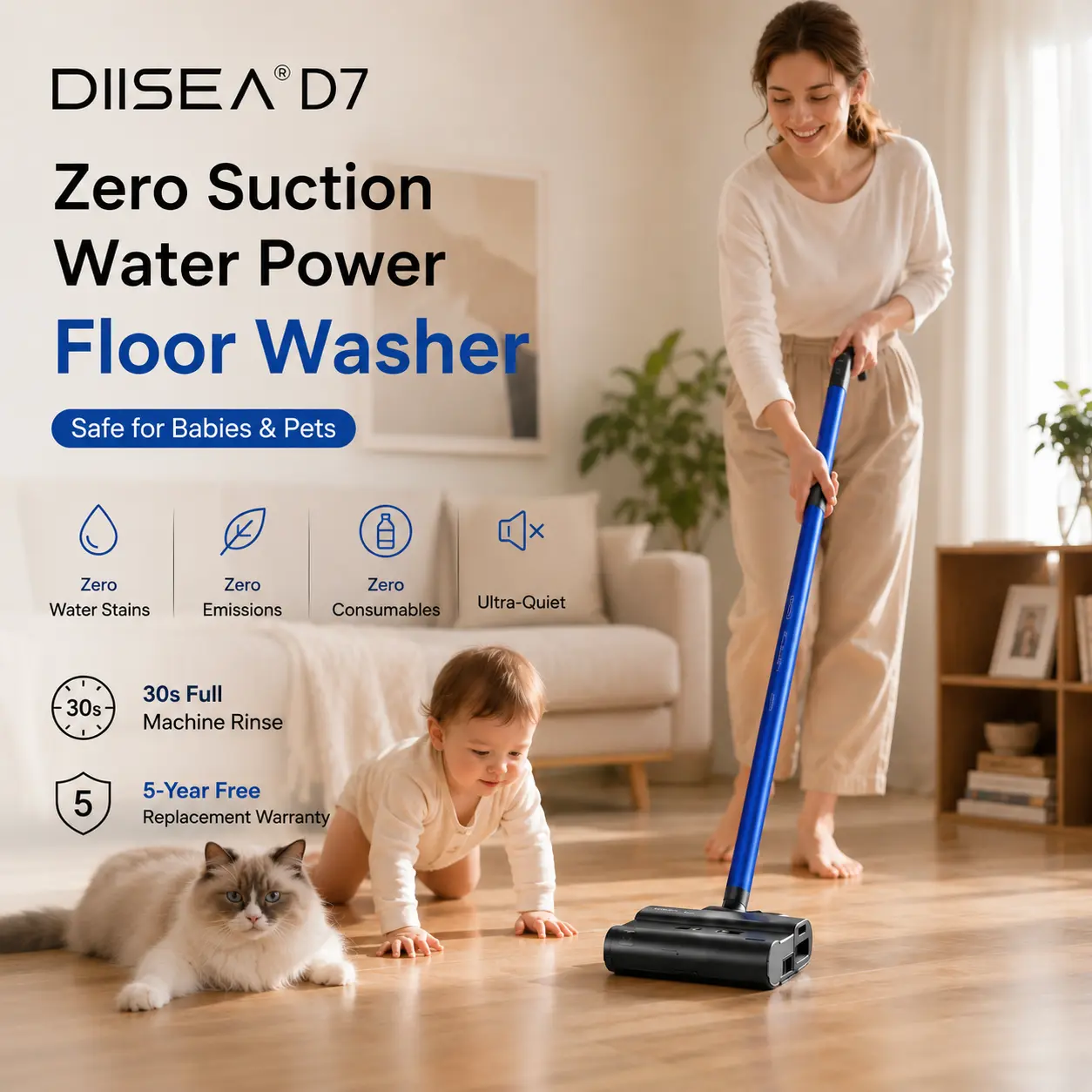 Diisea D7 Smart Cleaner, Zero Suction Water Power Floor Washer, Deep-Clean for Babies & Pets Home