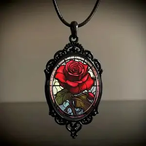 Women's Gothic Oval Rose Necklace, Floral Drop Necklace, Ornamental Rose Decorated Costume Jewelry, Floral Drop Necklaces, Ornamental Necklaces