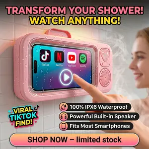 Bathroom Waterproof Phone Mount with Wireless Speaker, 480° Rotatable Shower Phone Holder Stand for Wall & Mirror, Compatible with All 4"-6.8" Phones