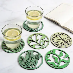 6 Piece Tropical Plant Theme Coasters, Round Cutout Design, Palm Leaf Patterns, Perfect for Nordic, Farmhouse, Tropical Decor
