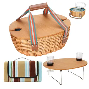 Picnic Basket for 2 with Blanket - Wicker Picnic Basket with Table | Willow Picnic Set for 2 Person with Large Insulated Cooler | Wicker Hamper with Cutlery Service Kit | Gift Basket for Christmas