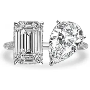 4.5CT Emerald & 3.5CT Pear Cut Two Stone Engagement Ring for Women, S925 Silver 5A Cubic Zirconia Ring with Open Bypass Design princess cut ring halorings
