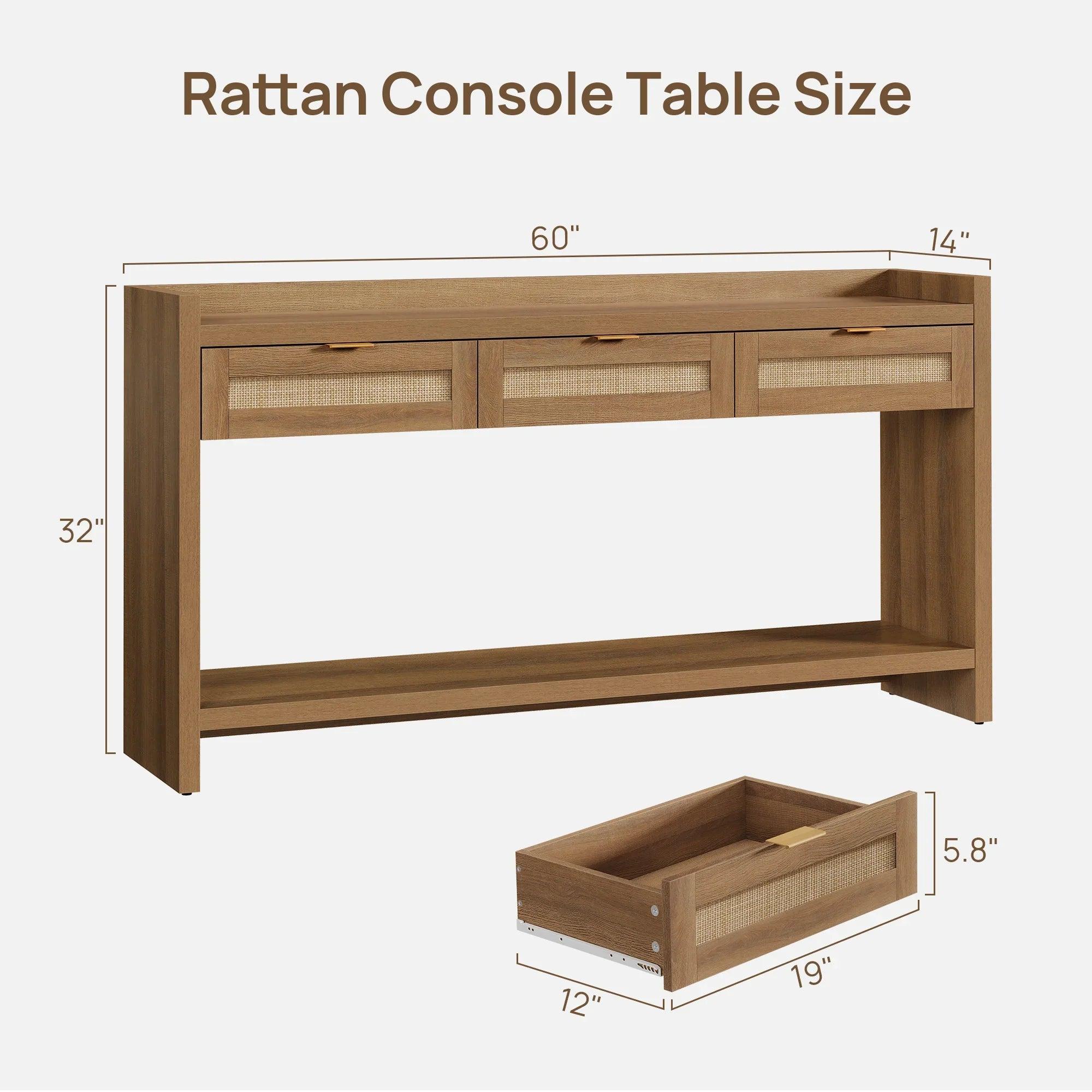 SICOTAS 60" Rattan Console Table for Entryway - Farmhouse Entry Table Sofa Table with 3 Drawers, Narrow TV Console Table with Storage for Living Room, Hallway, Couch