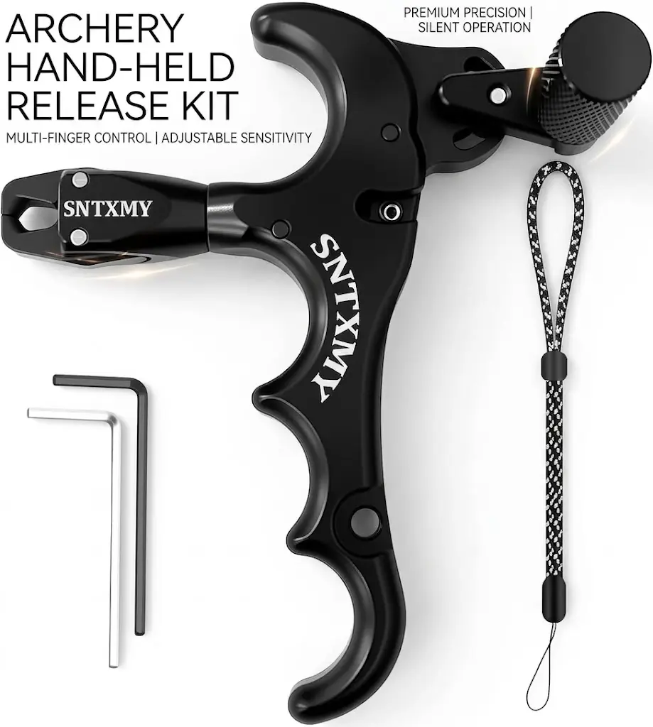 Compound Bow Release Aid, Adjustable 4-Finger Thumb Trigger Archery Releaser with Ergonomic Grip, Smooth Precise Shooting Release Tool for Beginners & Target Practice