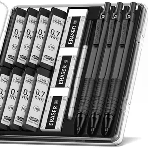 Mechanical Graphite Pencil Set, 3 pcs Black Metal Pencils with Anti-Skid Grip, for Artists, Professionals, Teachers and Students