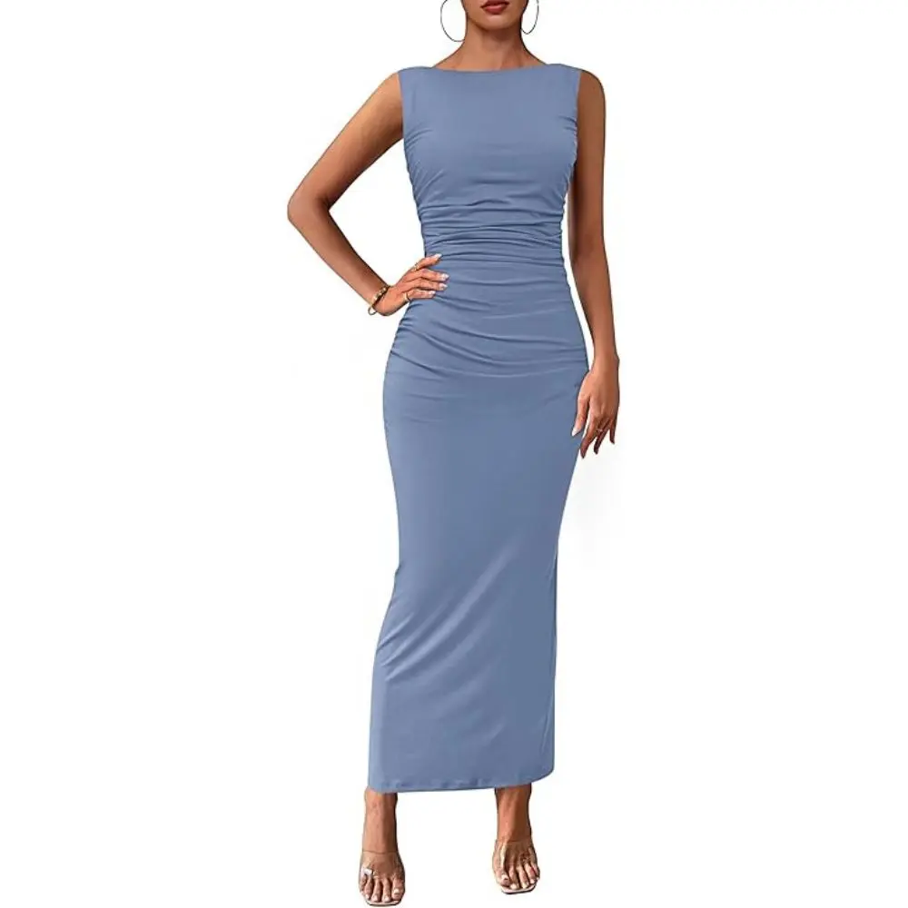 PrettyGarden Women's Summer Semi Formal Midi Dresses Sleeveless Ruched Bodycon Long Elegant Cocktail Wedding Guest Dress