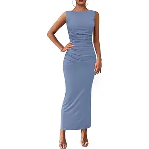 PrettyGarden Women's Summer Semi Formal Midi Dresses Sleeveless Ruched Bodycon Long Elegant Cocktail Wedding Guest Dress
