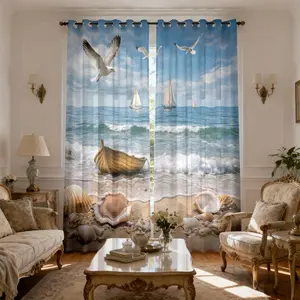 2-piece fresh ocean wind curtains blue sky white clouds seagull sailboat shells wooden boat printing filter translucent curtains suitable for machine washable decorative curtains in living room, bedroom, kitchen, etc.
