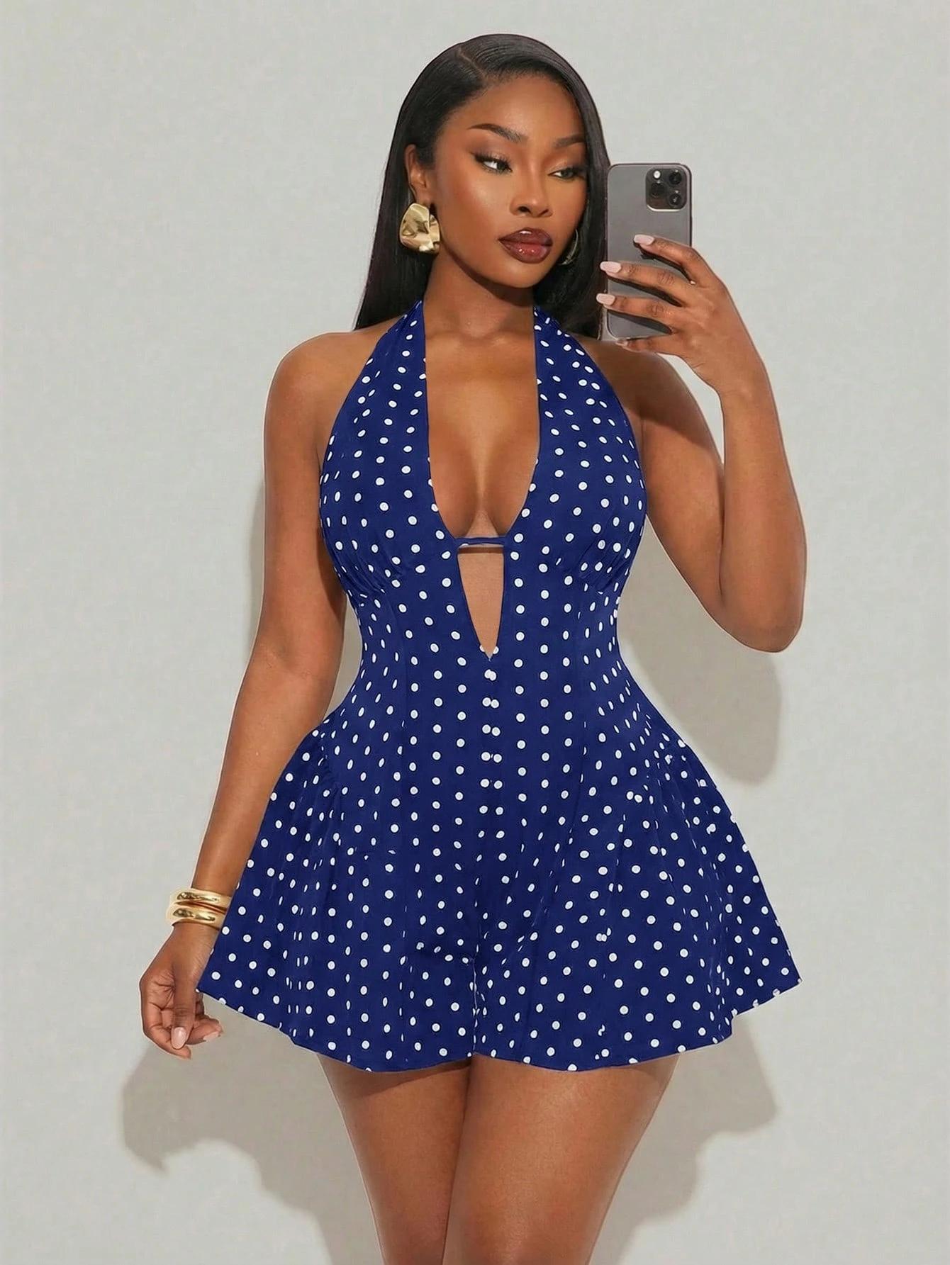 Women's Plus Size Blue and White Striped Cotton Jumpsuit - Loose Fit, Deep V-Neck, Sleeveless, Backless Halter Neck, Classy A-Line, Semi-Sheer, Ruffled Hem for Summer Vacation Bohemian Style