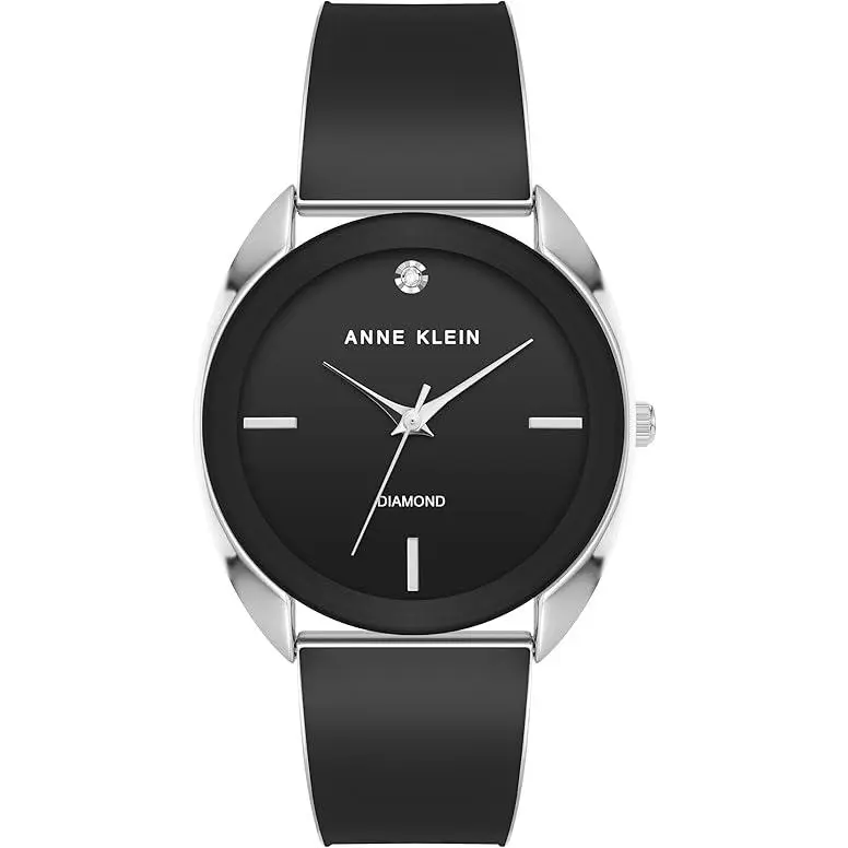 Anne Klein Women's Fashion Watch - Silver-Tone Alloy, Black Dial, 34mm, Bangle Band, Diamond Accents, Glow Hands, Metal Alloy Construction