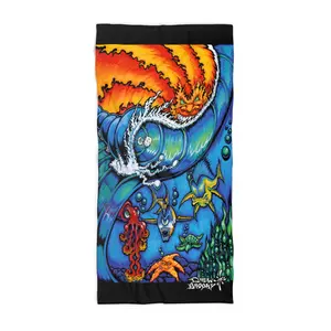 WATERWORLD Another Classic Drew Brophy Ocean Wave & Sea Creatures Beach Towel — Colorful Surfer Art Beach Towel