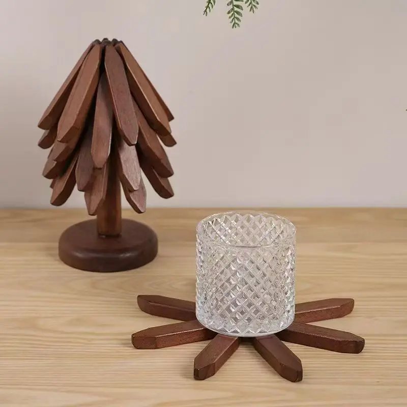Wooden Trivets for Hot Dishes, Hot Dish Coaster with Tree-Shaped Wood Collapsible Hot Pad Trivet Tree for Restaurant, 4 Wooden Trivet + 1 Stand