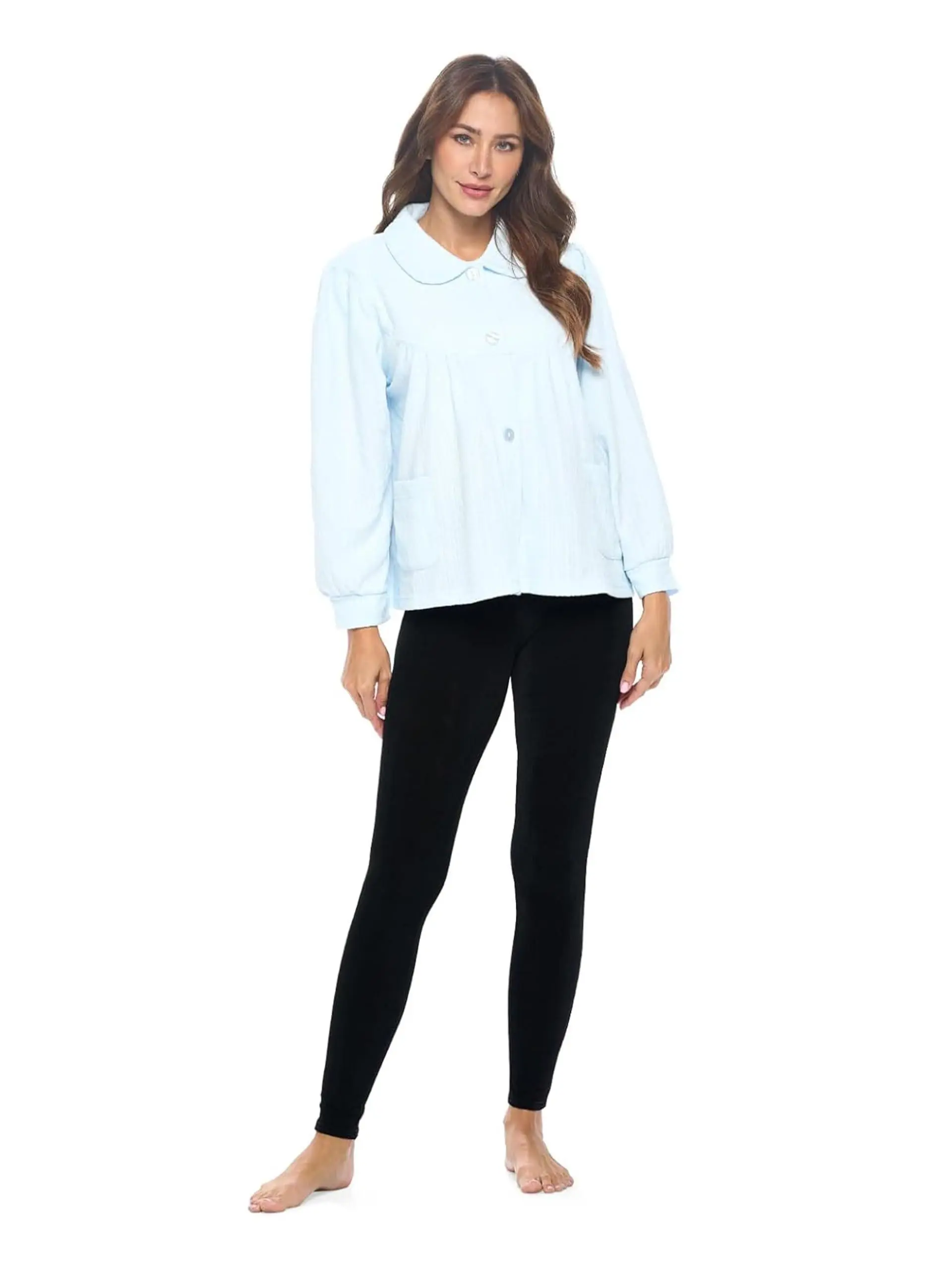 Casual Nights Women's Plain Chenille Bed Jacket, Regular Fit Long Sleeve Sleep Top with Pockets, All Season Collared Button-Front Loungewear, Puff Sleeve