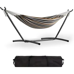 Garvee Double Hammock with Stand Included - 2 Person Brazilian Style Portable Hammock Bed - 450 Lbs Capacity Heavy Duty Adjustable Steel Stand for Indoor Outdoor - Weatherproof with Carrying Bag