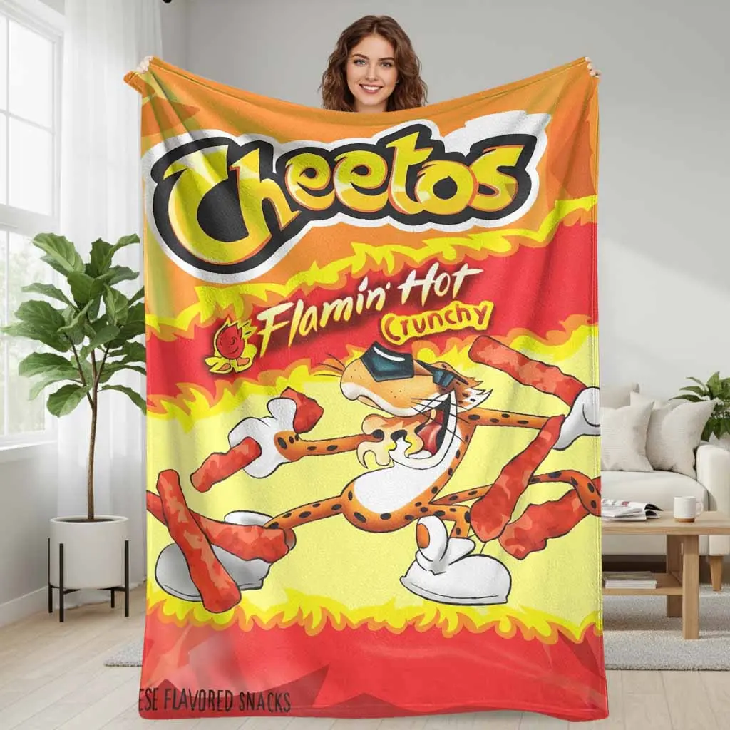 Spicy Snack Inspired Flannel Blanket with Flamin Hot Crunchy Print  Soft Warm Cozy Texture  Ideal for Sofa  Bedroom  Office  Travel  Gift Giving