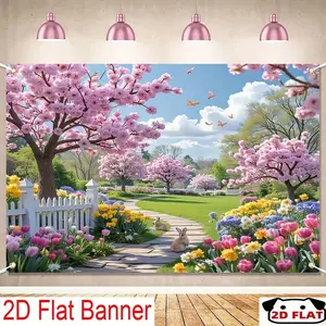 2D Flat Polyester Banner - Reusable Photo Booth Backdrop with Spring Sakura Path, Lively Blossoming Trees & Butterflies, for Birthday, Multiple Sizes Available