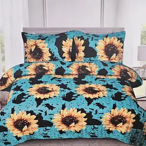Turquoise Sunflower Cowprint King Size Quilt Set - 3 Pieces