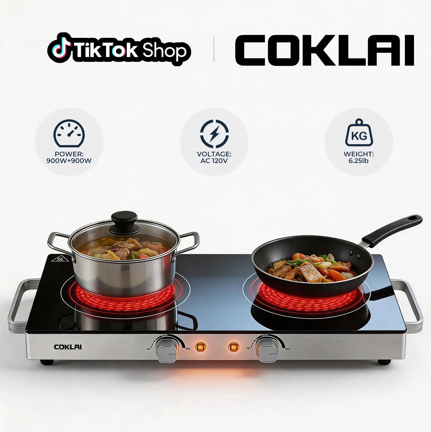 COKLAI Portable Ultra Slim Double Induction Hobs - Compact Electric Double-Plate, Induction Compatible, Temp Control, Stainless Steel Easy-Clean Design, US Plug for Kitchens, Camping