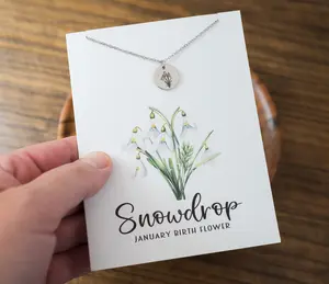 Snowdrop Necklace - Custom January Birth Month Flower Charm Pendant Silver or Gold Floral Jewelry Gift for Birthday Holiday Special Occassions Keepsake With Greeting Card