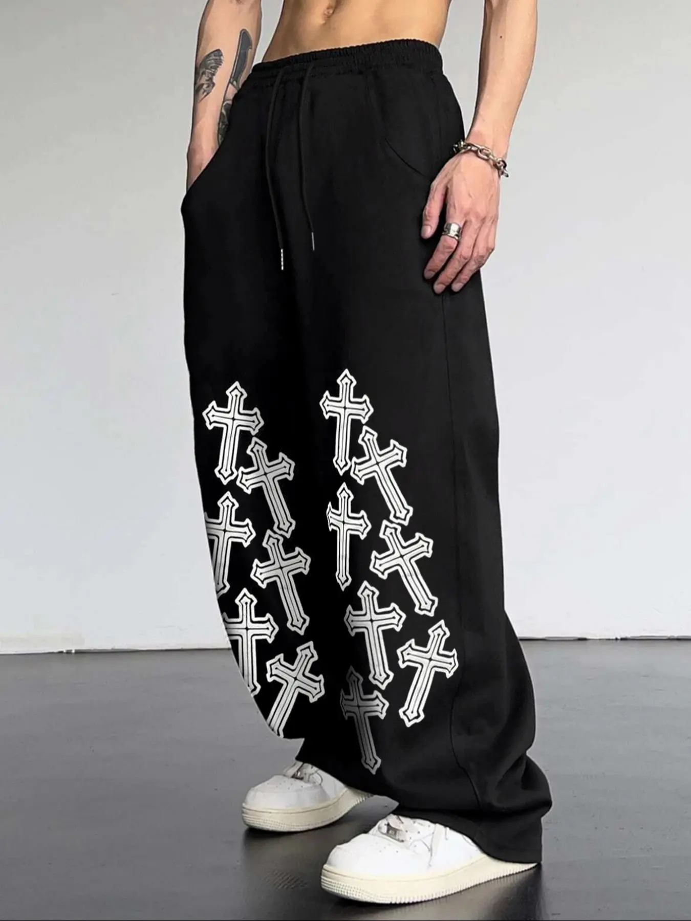 Men's Cross Print Sweatpants, Regular Fit Casual Street Comfy Jogger Pants for Daily Wear, Men's Trousers for All Seasons