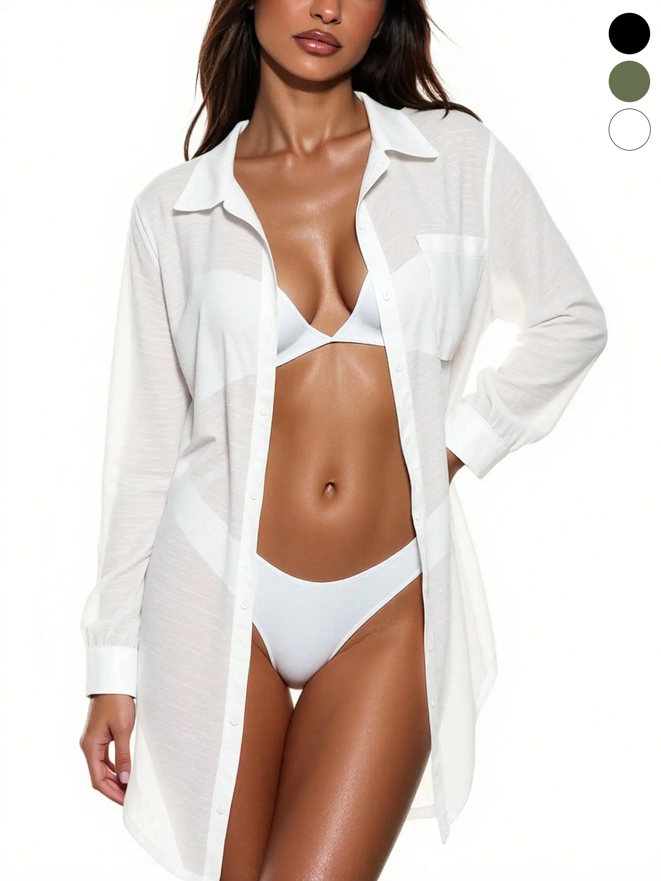 Women’s casual shirt-style long bikini cover-up cardigan, made from slub fabric—lightweight and breathable; a casual open-front top for beach vacations.