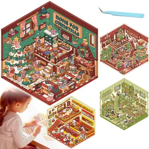 3D Sticker Scene, 4 Sets Christmas 3D House Stickers for Adults Kids, Make Your Own Stickers 3D Miniature Sticker Scene Relief Stress Autism Sensory Fidget Toys Pass The Time