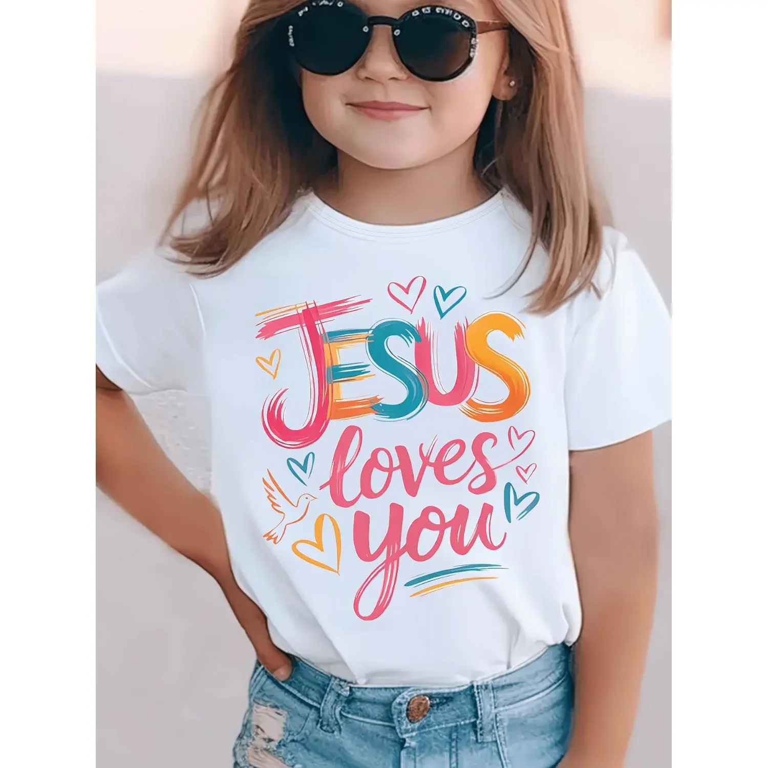 Stylish Colorful "Jesus Loves You" Heart Print Short-sleeved T-shirt for Girls, Easter T-shirt, Soft Round Neck Children's Top, Suitable for Outdoor and Casual Attire, Casual and Versatile.