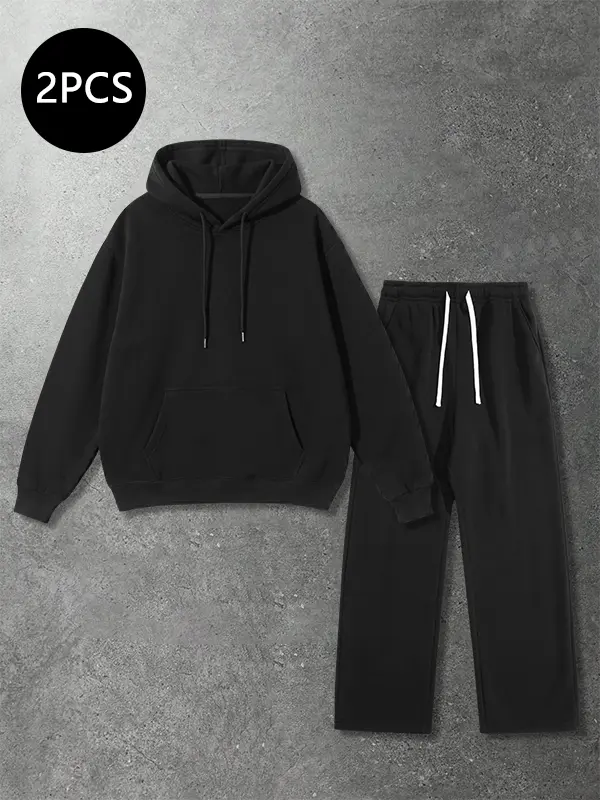 Men’s spring/autumn hooded sweatshirt and wide-leg drawstring sweatpants set, loose straight-cut fit, versatile sporty sweatpants, casual and easy to match, SohoChic