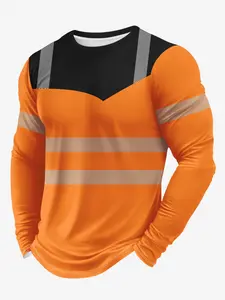 Men's striped color block print crew neck long-sleeved T-shirt, a casual and stylish streetwear piece for spring and autumn, breathable and suitable for outdoor exercise and everyday wear.