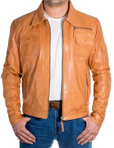 Mens Tan Brown Biker Shirt Collar Style Leather Jacket
