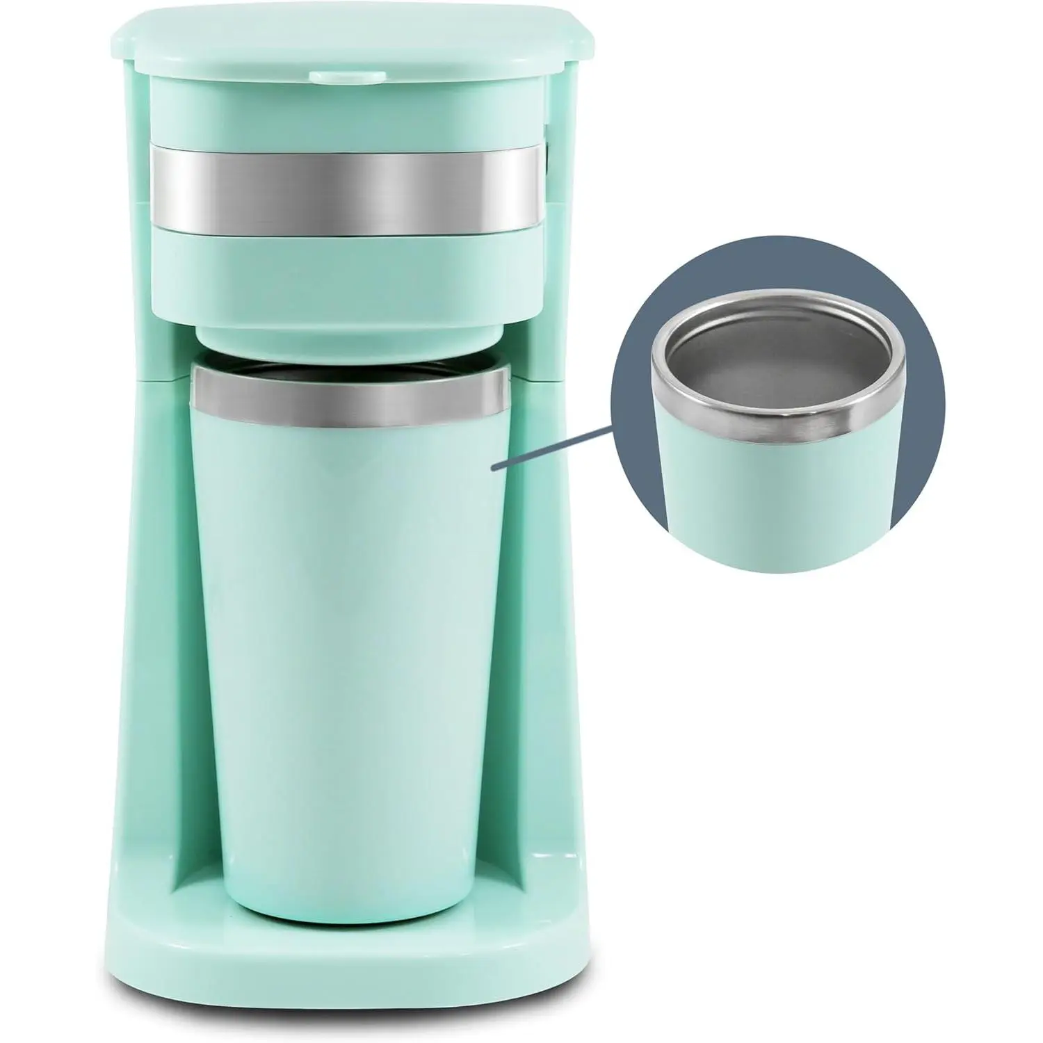 Mint Travel Coffee Machine - Lightweight Compact 1-Touch Single-Serve Brewer with 14Oz Stainless Steel Thermal Mug, Brew Grounds Compatibility, Reusable Filter, Overheat Guard, Space-Saving Universal Design